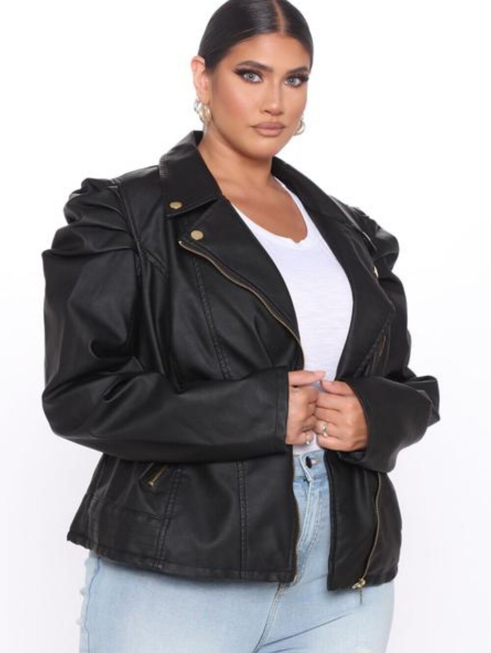 Fashion Nova Black Faux Leather Moto Jacket with Puff Shoulders 3X
